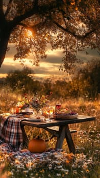 A very beautifully set table in nature, in a cozy autumn garden. High quality photo