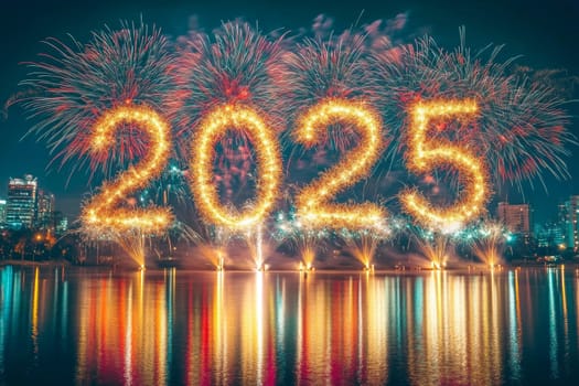 2025. Happy New Year. Fireworks and sparks against the night sky with the numbers of the coming 2025. High quality photo.