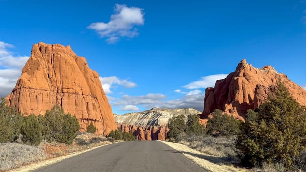 Stunning Kodachrome Basin State Park in Utah scenic road shot. Capturing the stunning red rock formations, blue skies, and desert landscape - USA