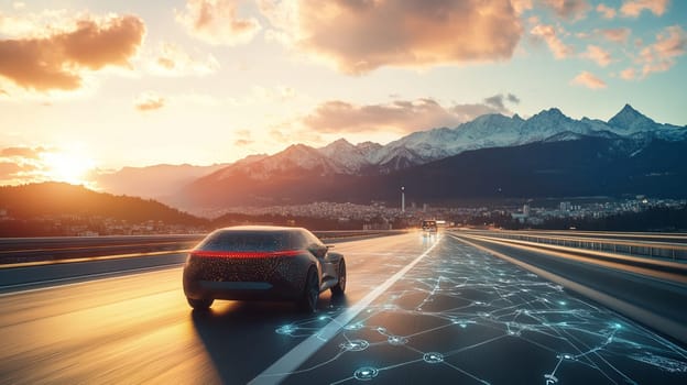Modern transportation technology concept featuring an autonomous electric car speeding down a highway at sunset, with network connections visible in the sky