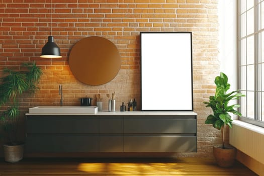 A bathroom with a black cabinet and a white sink. A potted plant is on the counter