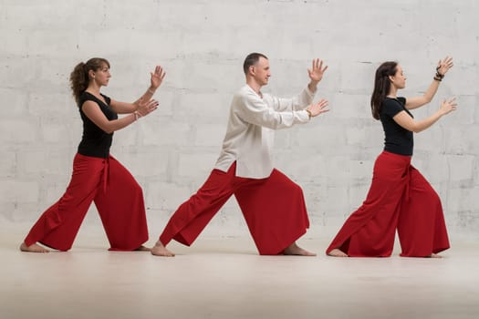 Group of women and their male trainer doing yoga exercises against brick wall profile shot