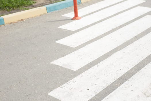 The road and the painted white stripes of the pedestrian crossing. Traffic.