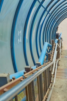 covered cement stairs are trestles for crossing the street with metal railings in the city.