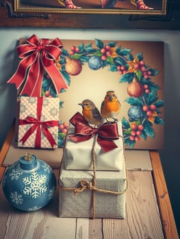 The image depicts a festive scene set on a wooden table. Two small birds, one orange and one brown, are perched on a white gift box adorned with a red ribbon. To the left of the gift box, a blue ornament with white snowflakes is present. In the background, a painting of a Christmas wreath with red and gold ornaments and a red bow hangs on the wall.