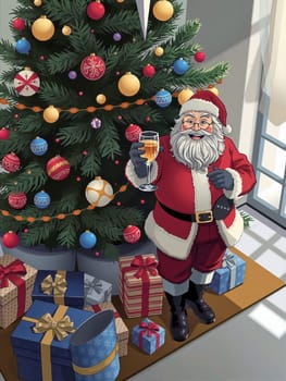 The image depicts a festive scene with a Christmas tree adorned with colorful ornaments and a red and gold star at the top. A Santa Claus figure stands next to the tree, holding a glass of champagne. Surrounding Santa are various presents, including a blue and gold one, a red and gold one, and a blue and gold one. The background features a window with white curtains, allowing natural light to illuminate the scene.
