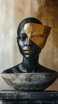 Stylish black mannequin bust with gold foil, in a dimly lit studio, exudes sophistication and glamour. The intricate design and play of light create a captivating image