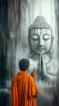 Buddhist monk is praying with his hands together in front of a giant buddha statue. He is wearing an orange robe and has a shaved head