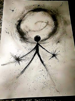 Captivating charcoal drawing of a stick figure reaching towards a black energy spiral on textured paper, evoking loneliness, fear, hope, and connection