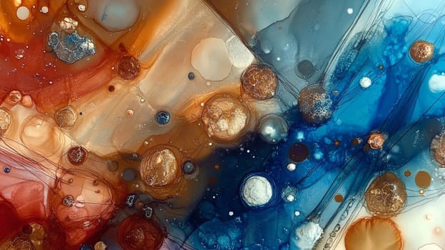 Vibrant alcohol ink painting with gold splashes, resembling cosmic sky or ocean. Blue, bronze, brown blend for modern, elegant look. Fluid, metallic elements for creative touch