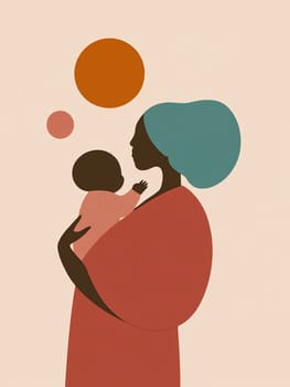Mother tenderly holds her baby, showcasing their deep bond and love in a minimalist illustration. Warmth and affection are highlighted, celebrating the essence of family