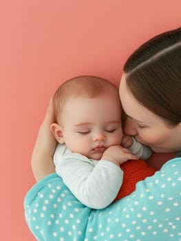 Mother lovingly cradles her sleeping baby, showering gentle kisses on the cheek in a serene moment of togetherness