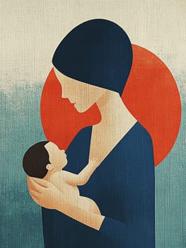 Mother cradling her newborn baby in front of a vibrant orange circle, radiating love and serenity, capturing the tender bond between them with warmth and happiness
