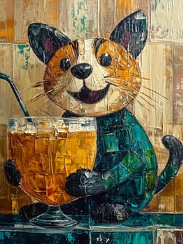 Funny cat happily holding a beer glass in a vibrant oil painting style, adding humor and charm to any space with its cheerful colors and playful design