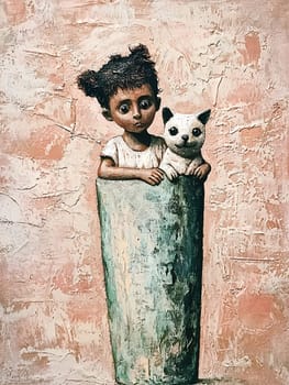 Painting of a young girl with big eyes and her cat hiding inside a vase, conveying a sense of vulnerability, protection, and the special bond between a child and their pet