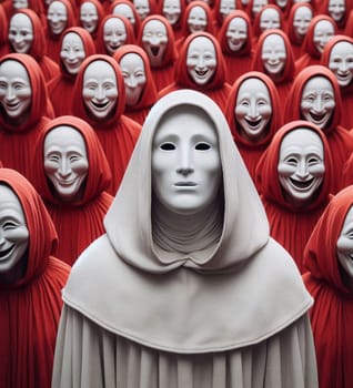 A person is standing in front of a crowd of people wearing a mask. The crowd is made up of many people wearing masks, and they are all smiling. Concept of unity and happiness among the people