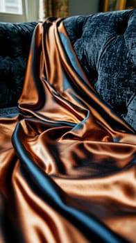 Luxurious blue and gold fabric flowing elegantly in the light, creating an opulent and glamorous look. Smooth silk and satin texture adds luxury to any setting