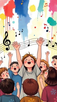 Group of children is happily singing together with their arms raised, a stave and colorful paint stains in the background