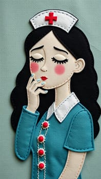Felt portrait of a sad looking female nurse with her hand on her face wearing a blue uniform with red buttons and a white nurse's cap with a red cross