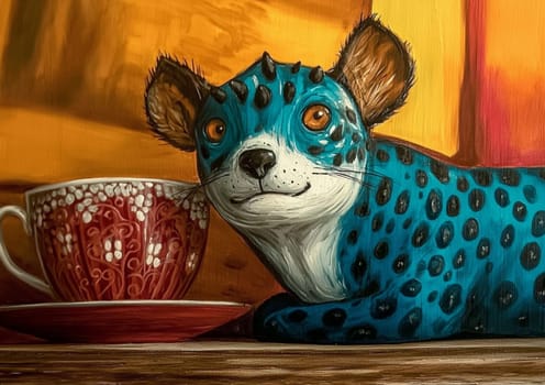Oil painting of a fantasy blue spotted creature with horns, reminiscent of a dog or cheetah, relaxing near a teacup on a wooden surface