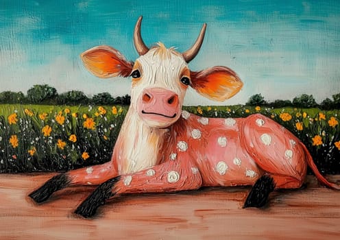 Colorful, textured painting of a pink and white cow relaxing on a farm, enjoying a beautiful day with yellow flowers blooming in the background
