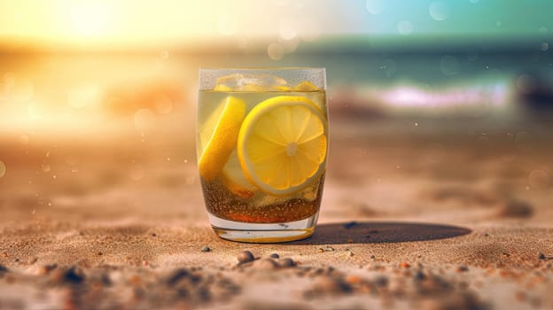 Glass with lemon water in the sand of the beach. Vacation scene with lemonade glass on the shore line. Generative AI.