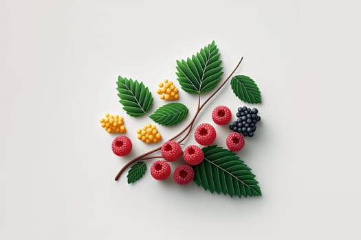 Various berries composition with leaves on white background. Juicy berries laying. Generated AI