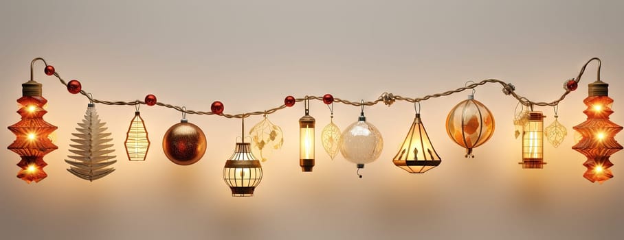 Christmas themed lamps and garlands with cozy holiday lights. Xmas ornament with shiny toys. Generated AI