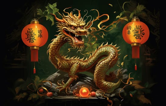 Green dragon in traditional style, mysterious monster from farytales and symbol of 2024 lunar year in Chinese calendar. Generated AI