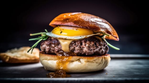 Juicy tasty hamburger on the table. Fast food image of a burger with grilled meat. Generated AI