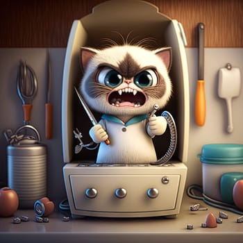 Funny dentist cat. Cute kitten in doctor costume with dentistry and hygiene tools. Generative AI