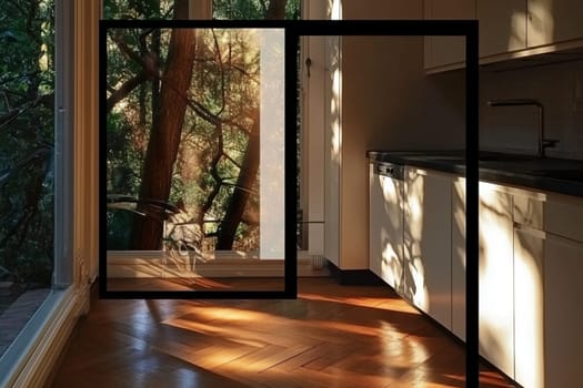 A kitchen with a window and a dishwasher. The window is open and the sun is shining through it