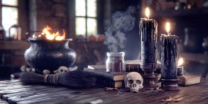 Spooky halloween scene with witchs broom, candles, and skull in dark room setting.