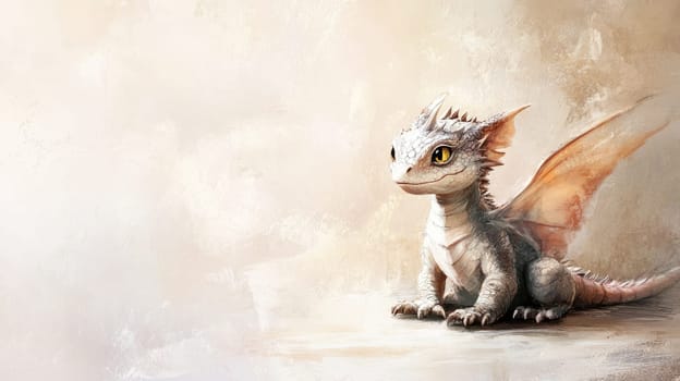A charming, small dragon with big eyes and soft wings sits on a plain background, exuding a playful demeanor. Its scales glisten slightly, inviting curiosity and affection.