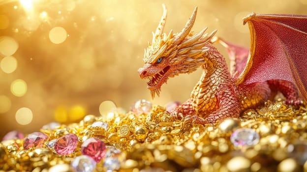 A vibrant dragon sits atop a mound of shiny gold coins and sparkling jewels, surrounded by a warm golden glow. The intricate details of the dragon's scales and wings are highlighted beautifully.