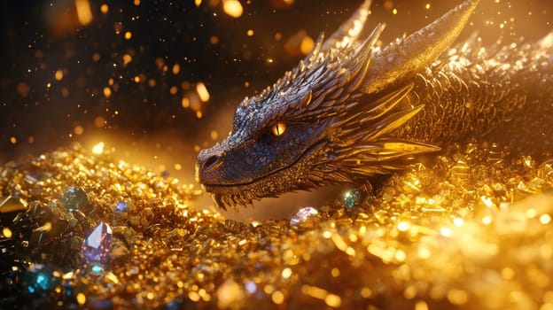 A powerful dragon, adorned in shimmering scales, comfortably reclines on a vast pile of gold and jewels. The atmosphere is illuminated by glimmering treasure, enhancing the mystique.