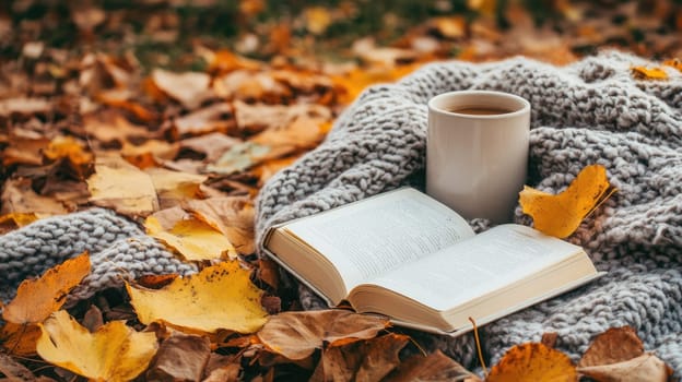 A warm drink rests beside an open book, both placed on a soft blanket atop a bed of vibrant autumn leaves, capturing the essence of a peaceful fall day spent outdoors.
