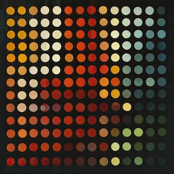 Vivid circular patterns compose an artistic abstract design, combining warm hues like red and orange with cool shades of blue and green, resulting in a visually striking composition.