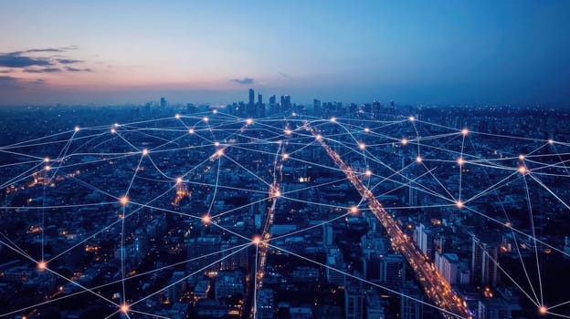 Beneath a twilight sky, a sprawling cityscape glows with lights. Digital connections illustrate a network connecting streets and buildings, highlighting the vibrancy of urban life.