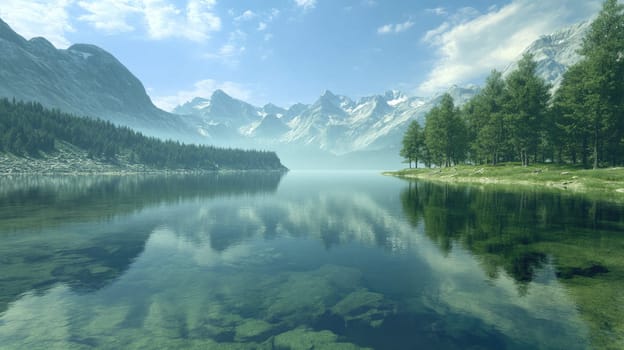 The calm waters of a lake mirror the majestic mountains and lush trees surrounding it, creating a serene and picturesque landscape in the early morning light.