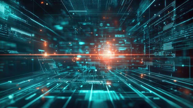 A mesmerizing digital tunnel showcases glowing lines and data streams, creating a dynamic atmosphere filled with vibrant blue and orange lights.
