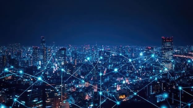 The vibrant city skyline at night sparkles with countless lights, while digital connections visually weave through the buildings, representing a high-tech urban environment.