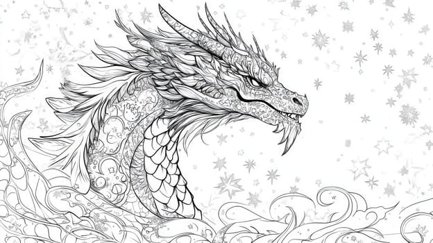 The artwork showcases a fierce dragon with intricate scales and sharp features, emerging from flowing waves and set against a backdrop of swirling stars, creating a mystical atmosphere.