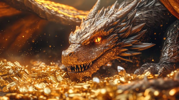 A powerful dragon rests atop a vast treasure trove, surrounded by glimmering gold and precious gems in a dark cave. Its fierce gaze and majestic presence evoke a sense of awe and wonder.