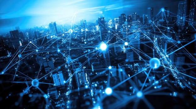 A vibrant urban skyline illuminated at night features a complex web of digital connections representing data flow and technological innovation. The city glows with potential and connectivity.