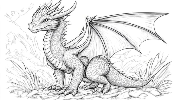 The illustration depicts a dragon with intricate scales and large wings, poised on rocky ground surrounded by grass. The mythical creature exudes a sense of power and elegance in its natural habitat.