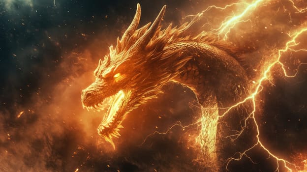 A powerful dragon unleashes a fierce roar, its eyes glowing as lightning crackles around it against a backdrop of dark clouds and fiery tones, creating a dramatic fantasy atmosphere.