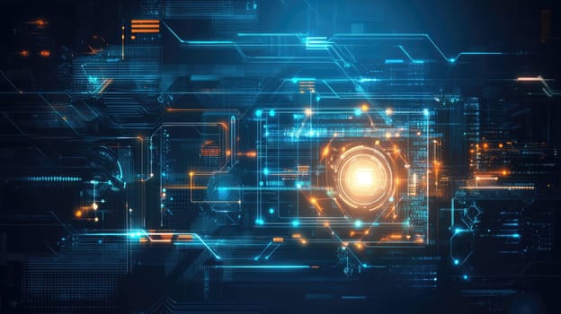 A vibrant digital interface showcases an array of glowing elements and complex circuitry.