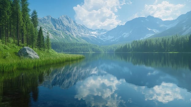 A peaceful mountain view showcases tall trees and lush greenery surrounding a calm lake. The vibrant blue sky and soft clouds are mirrored perfectly on the water's surface.