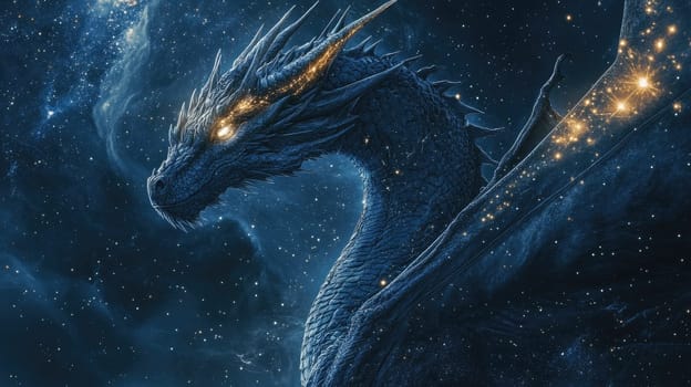 A powerful dragon glides gracefully through a dark blue night sky, its scaly body adorned with sparkling stars. The mystical creature embodies both strength and beauty in this enchanting atmosphere.